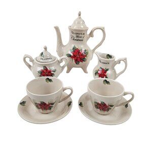 Vintage Lily Creek Ceramic Christmas Tea Set Poinsettia Design 9 Pieces